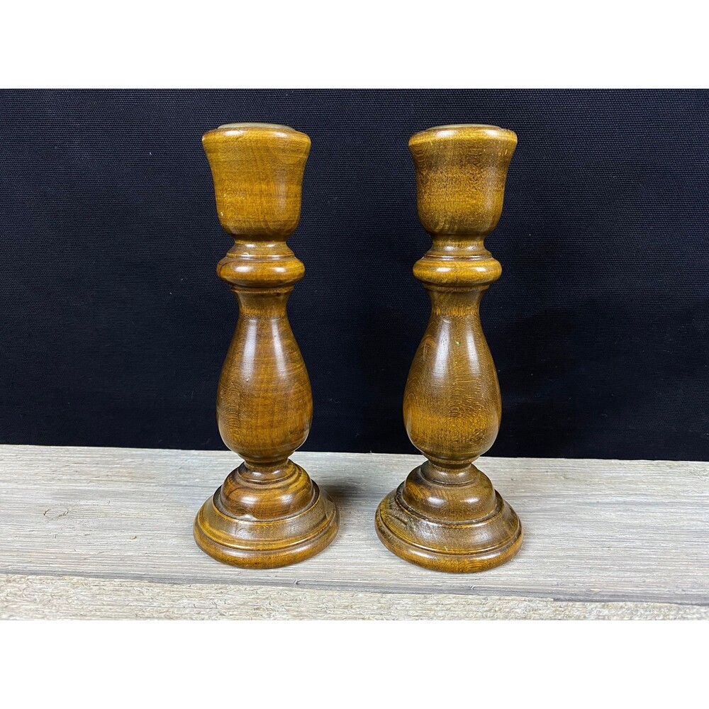 Vintage Turned Wood Candlestick Holders Brass Brass Cup Taper 6.75”